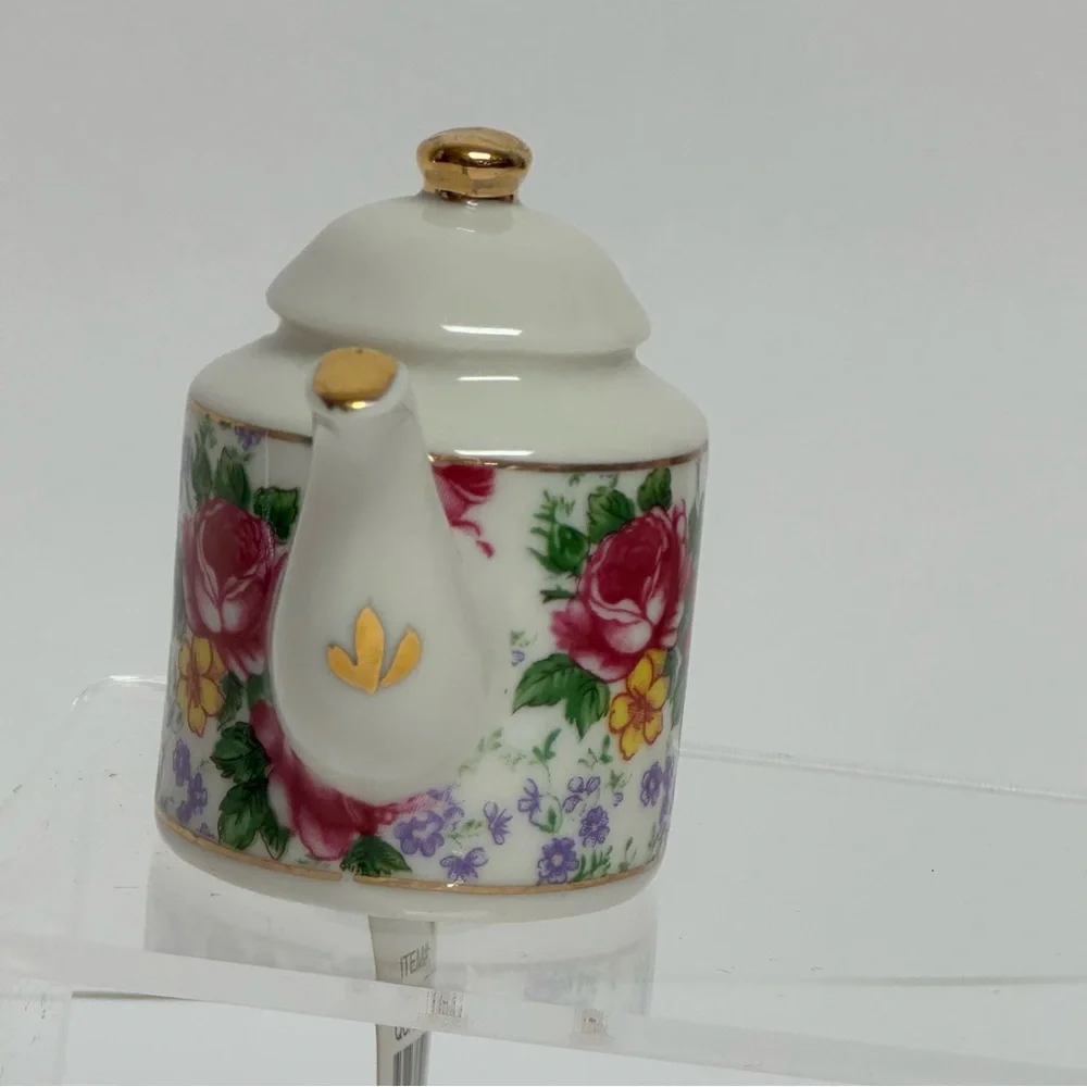 Mini Tea Pot 3” Decorative Floral Design Gold Trim Cottage Core